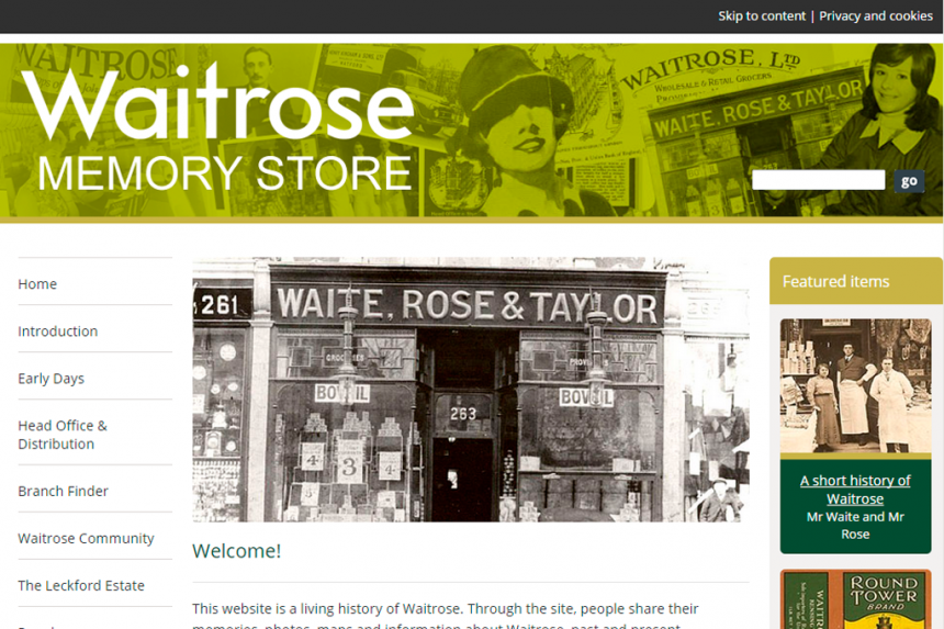 Screenshot of Waitrose Memory Store home page