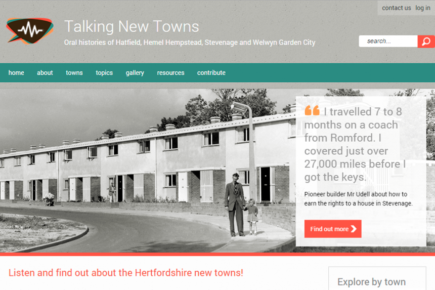Screenshot of Talking New Towns home page