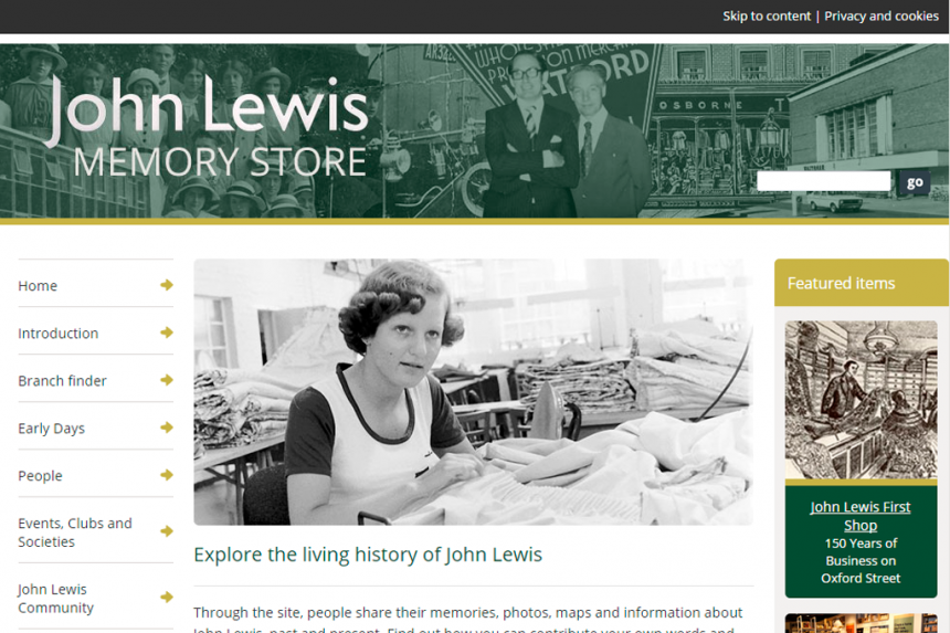 Screenshot of John Lewis Memory Store home page
