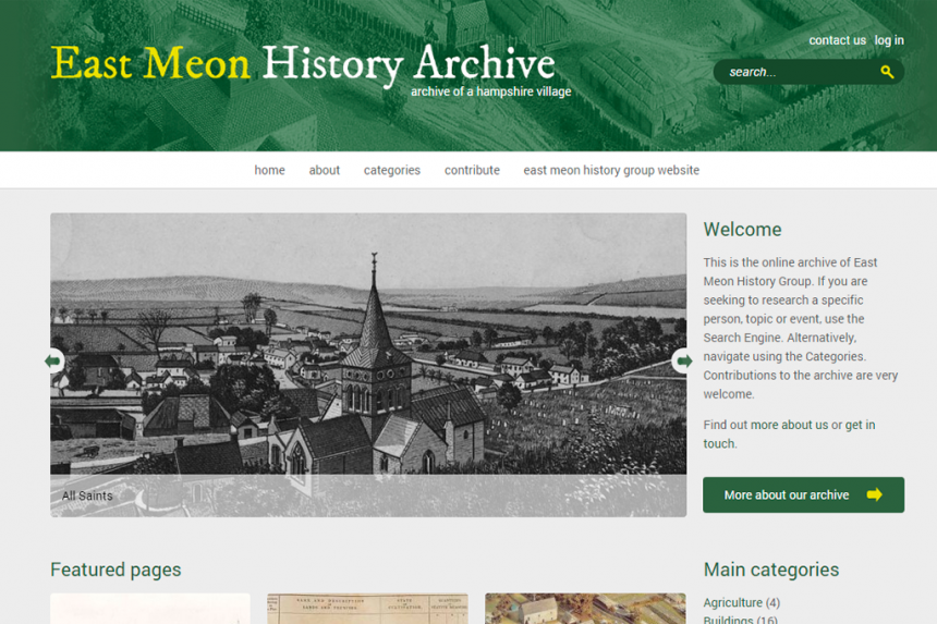 Screnshot of the East Meon History Archive homepage