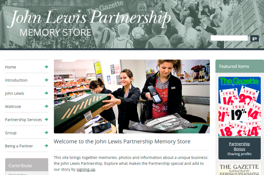 Screenshot of the John Lewis Partnership Memorystore home page