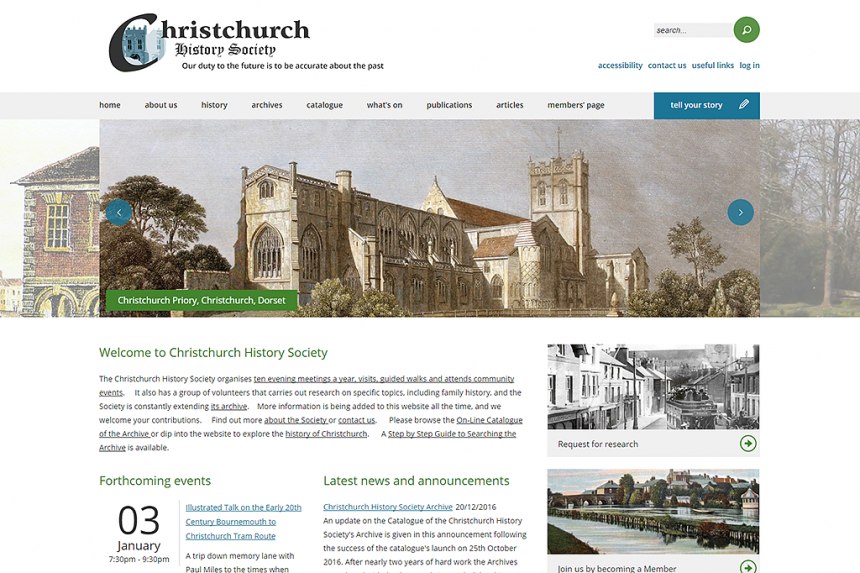 Screenshot of the Christchurch History Society homepage