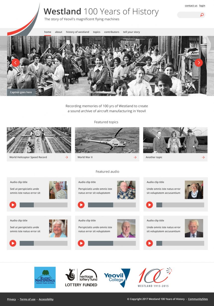 Screenshot of Westland 100 Years of History home page