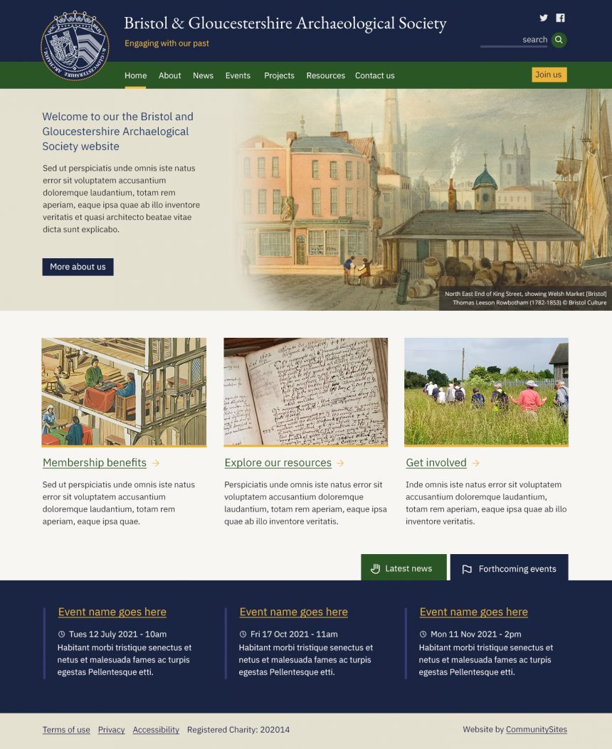 Mockup of Bristol and Gloucestershire Archaeological Society home page