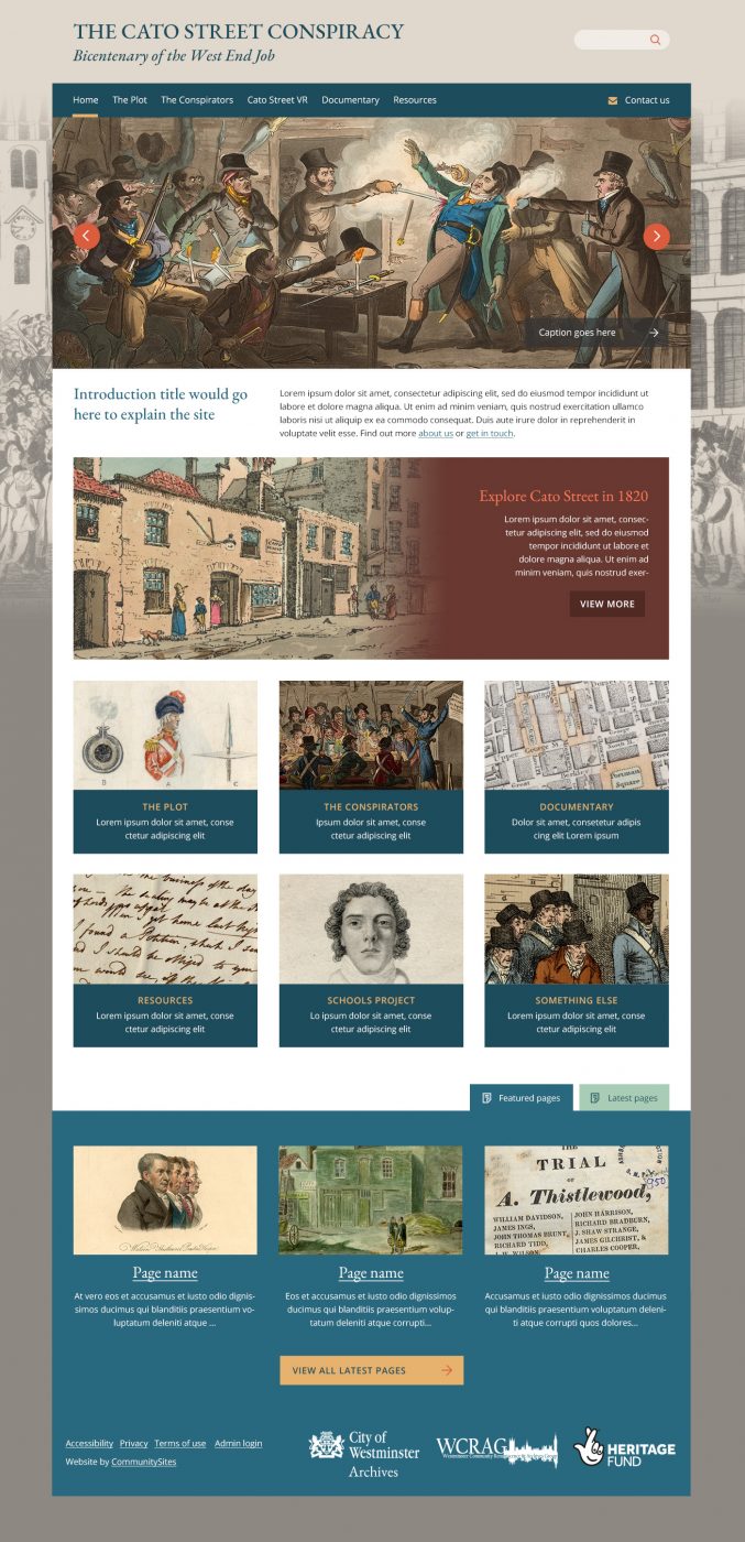 Design of Cato Street Conspiracy home page