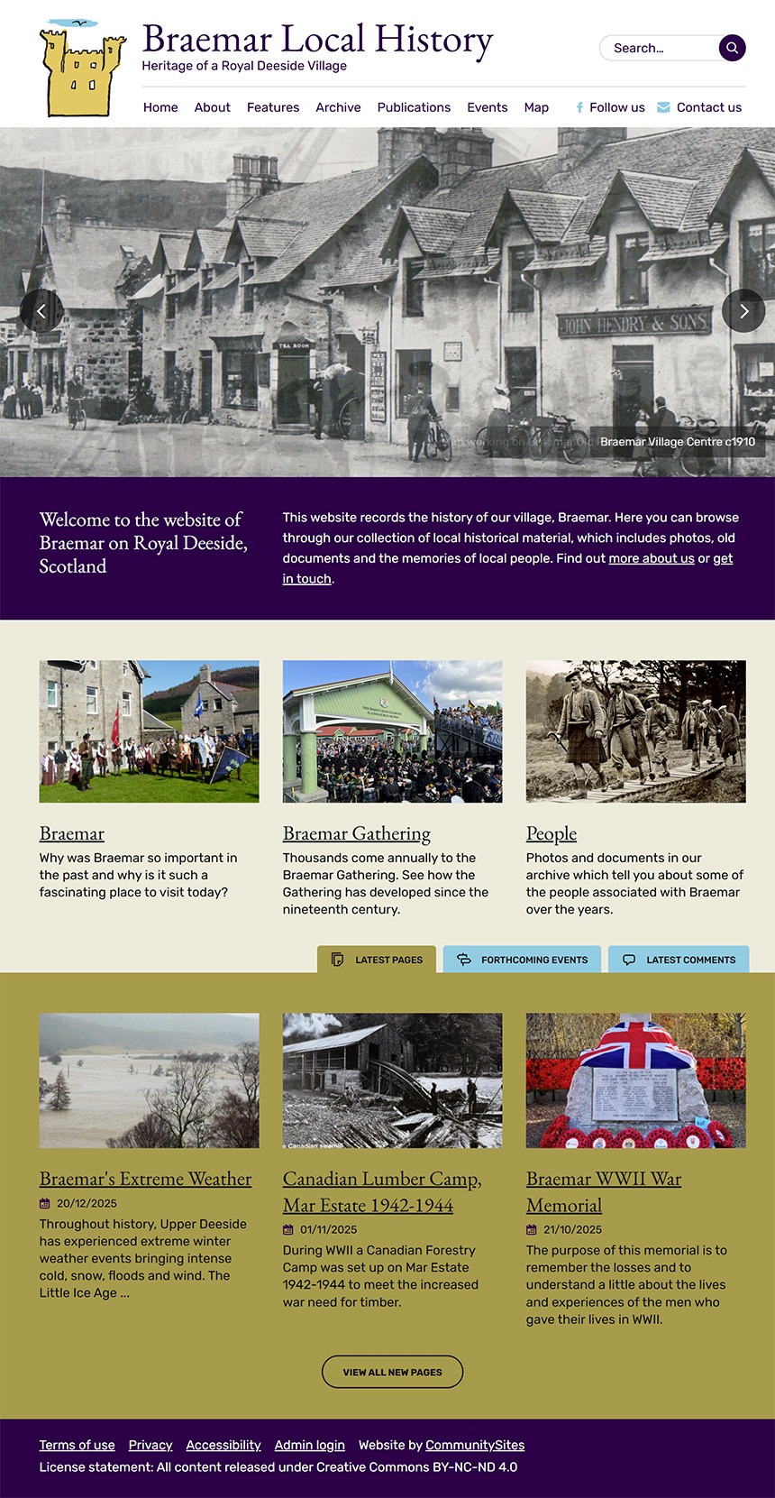 Screenshot of home page of the Braemar Local History website