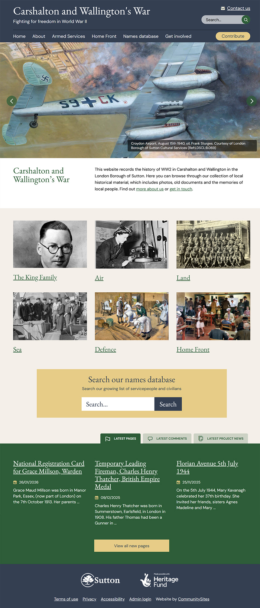 Screenshot of home page of Carshalton and Wallington's War