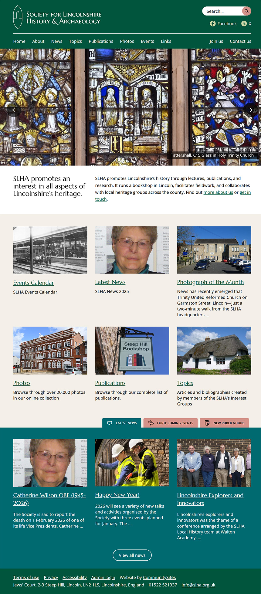 Screenshot of home page of Society for Lincolnshire History & Archaeology website